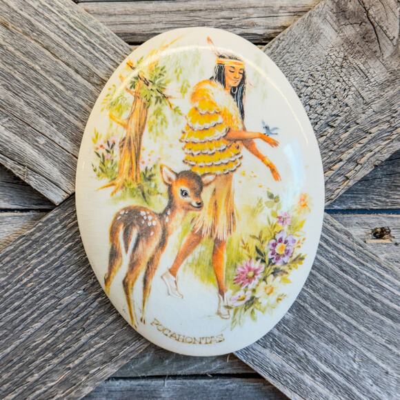 Vintage Folk Art Pocahontas w/ Baby Deer and Wildflowers, HandPainted ChalkWare - Picture 2 of 9